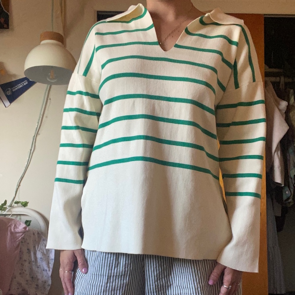 Verge Girl cream and green striped sweater